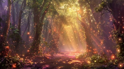 Fototapeta premium With a soft blow the fairy dust floated up and settled on the trees turning them into glowing pillars of enchantment.