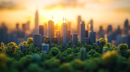 Obraz premium Eco Friendly Cityscape Sunset Skyline Wind Turbines