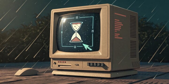 Classic Console Feel A nostalgic loading screen resembling an old CRT monitor. Flickering lines and a grainy texture cover the screen while a spinning hourglass cursor gently