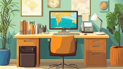 A well-organized office space with a desk, computer, and decorative elements.