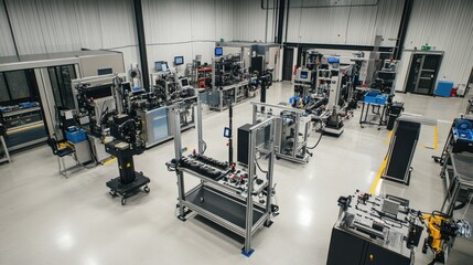 A modern industrial workspace filled with machinery and equipment for manufacturing processes.