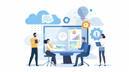 A group of colleagues collaborating on a project using cloud-based software, Cloud computing scene, Collaborative style