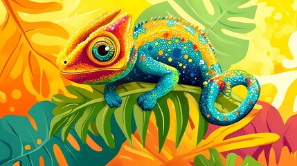 Obraz premium A vibrant chameleon perched on a leaf amidst colorful tropical foliage.