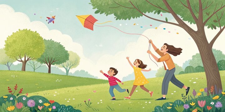 Cheerful indian mother, daughter, and son are running and flying a kite on a beautiful spring day in a green park with flowers and trees