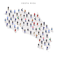 Costa Rica population map. Large group of realistic a diverse crowd of people figures in a shape of Costa Rican map. Flat vector illustration isolated on white.