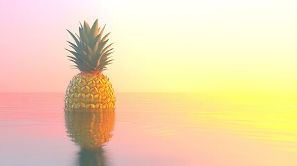 A pineapple floating in calm water at sunset.