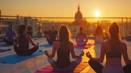 A group of friends enjoying a rooftop yoga session at sunrise, Wellness ritual scene, Serene style