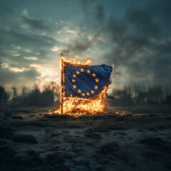 symbolic europe flag burning by climate change or civil war - Generative AI