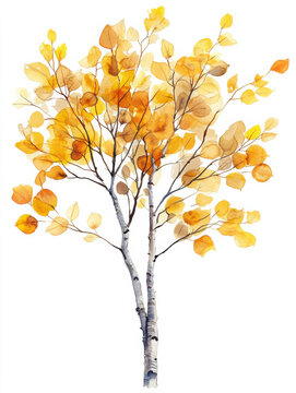 Watercolor illustration of aspen tree with vibrant yellow leaves, showcasing beauty of autumn. delicate branches and leaves create serene atmosphere
