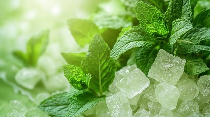 Menthol Icy Mint, Crystallized Menthol Chunks Intertwined with Fresh Green Mint Leaves in Ultra HD