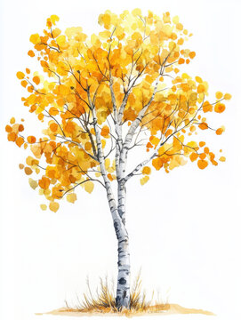 Watercolor illustration of aspen tree with vibrant yellow leaves, showcasing beauty of autumn. delicate branches and bright foliage create serene atmosphere