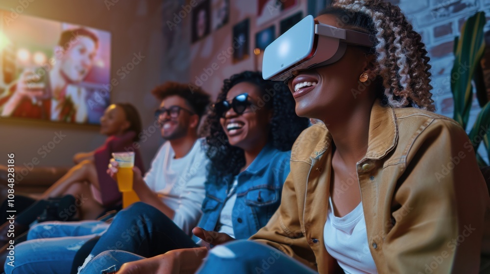 Poster a group of friends hosting a virtual movie marathon with synchronized viewing and commentary, symbol