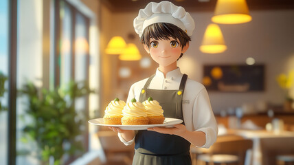 Young chef presents delicious cupcakes in a cozy cafe during afternoon hours