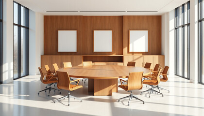 Fototapeta premium Modern Business Meeting Room Interior with Wooden Chairs and Blank White Canvas or Mockup Frame on the Wall. 