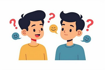 Obraz premium Illustrated Conversation Between Two Boys with Question and Emotion Bubbles, Perfect for Kids' Books, Educational Materials, and Digital Art Projects