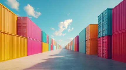 Fototapeta premium A vibrant row of colorful shipping containers under a clear blue sky, creating a striking visual pathway.