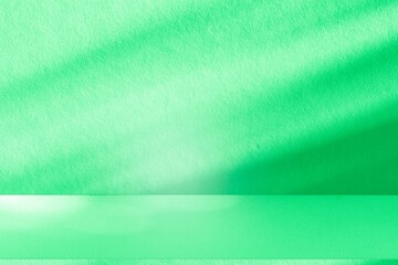 Wall interior background, studio and backdrops show products. with leaf shadow from window color green and white. background for text insertion and presentation of product	
