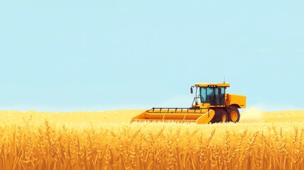 Fototapeta premium Combine harvester harvests golden wheat field under a vast blue sky