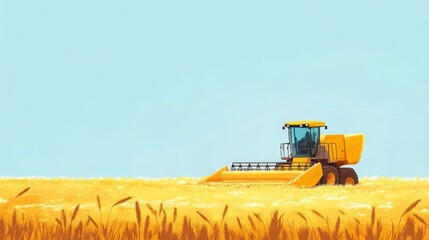 Combine harvester harvests golden wheat field under a vast blue sky, showcasing the beauty of rural agriculture