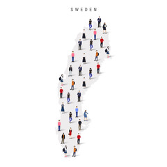 Sweden population map. Large group of realistic a diverse crowd of people figures in a shape of Swedish map. Flat vector illustration isolated on white.