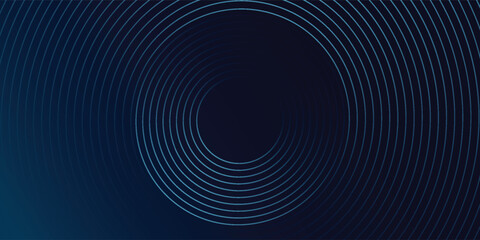 Abstract blue glowing geometric lines on dark blue background. Modern shiny blue circle lines pattern. Futuristic technology concept. Suit for cover, poster, banner, header, website.