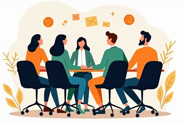Team Collaboration Meeting Illustration: Diverse Group Discussing Ideas in a Creative Office Setting