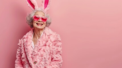 A cheerful elderly woman in a fluffy pink outfit and bunny ears, posing playfully against a pink background.
