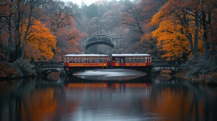 Train crossing bridge over autumnal lake