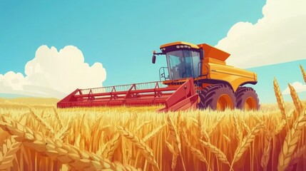 Obraz premium Combine harvester harvests golden wheat field under a vast blue sky