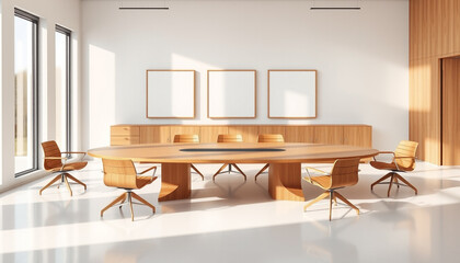 Modern Business Meeting Room Interior with Wooden Chairs and Blank White Canvas or Mockup Frame on the Wall. 