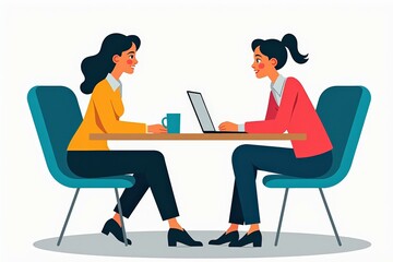 Professional Women Collaborating at Office Table with Laptop and Coffee - Perfect for Business and Teamwork Concepts