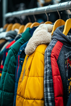 Coats hanging on a rack on wooden hangers. Winter clothing, upcycled closet of clothes, store or coat drive Or donation. Used coats on a garment rack. Warm winter clothing.