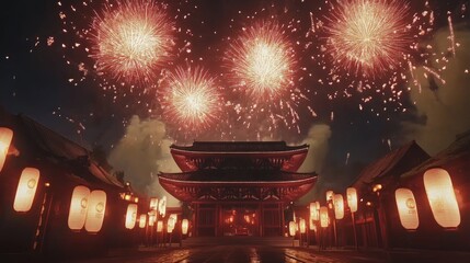 Obraz premium Enchanting Japanese Shrine Celebrating with Vibrant Fireworks Display and Cherry Blossom Petals