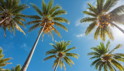 Obraz premium Sunlight Streaming Through Palm Trees Against a Clear Blue Sky on a Tropical Island.