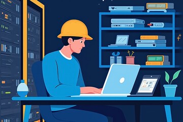 Focused IT Professional Working in Data Center with Blue Themed Equipment and Modern Technology