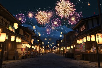 Spectacular Fireworks Display at Traditional Japanese Night Festival on Market Street with Lanterns