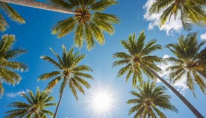 Sunlight Streaming Through Palm Trees Against a Clear Blue Sky on a Tropical Island.
