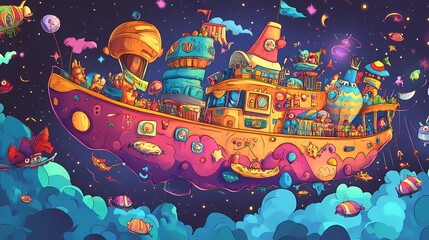 Obraz premium A whimsical, colorful flying ship surrounded by clouds and stars in a dreamy night sky.