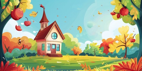 Charming Autumn Schoolhouse in a Vibrant Landscape