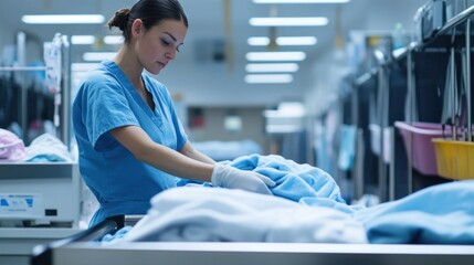 Nurse Preparing Medical Linen in Hospital Laundry Room