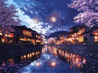 Fototapeta premium Illuminating Night: Fireworks Display over Serene Japanese Village River with Cherry Blossom Trees