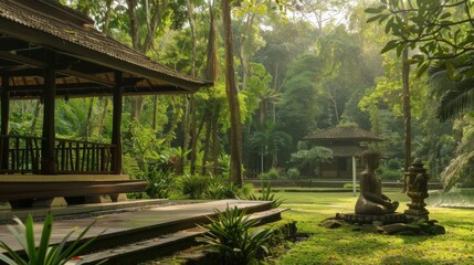 A meditation retreat surrounded by serene forest and tranquil ambiance, Mindfulness retreat scene, Modern lifestyle style