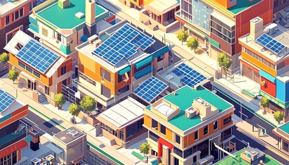 Residential buildings featuring solar panels and storage batteries.