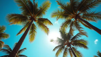 Sunlight Streaming Through Palm Trees Against a Clear Blue Sky on a Tropical Island.