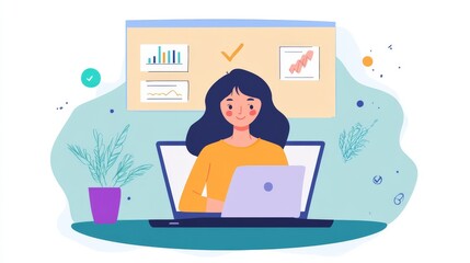 Woman Working on Laptop with Business Charts