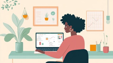 Woman Working From Home Analyzes Data On Laptop