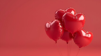 A cluster of shiny red heart-shaped balloons against a vibrant red background, symbolizing love and celebration.
