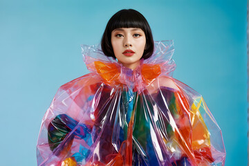 A woman in a colorful plastic jacket poses for the camera