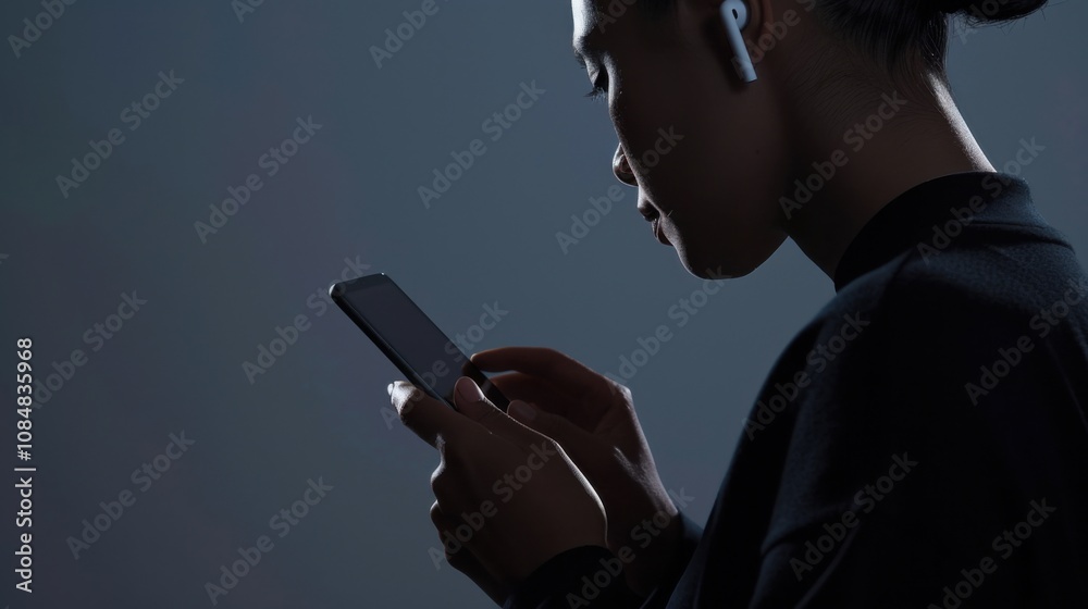 Poster a minimalist tech setup with a person wearing wireless earbuds and using a sleek tablet, with a clea