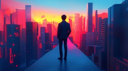 Silhouetted businessman looking at the urban skyline, dreaming of future success